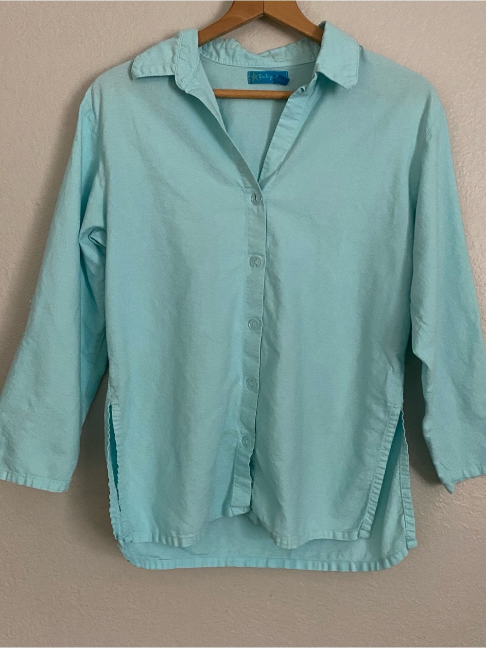 Fresh Produce Shirt Women's XS/S Seafoam Blue Cotton Roll Tab Sleeves Coastal